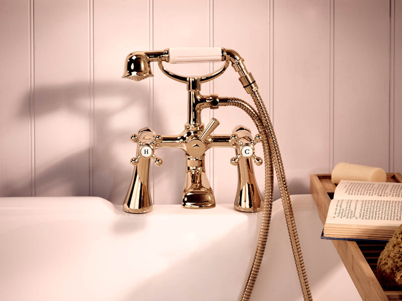 Tudor Pillar Mounted Bath Shower Mixer - Gold