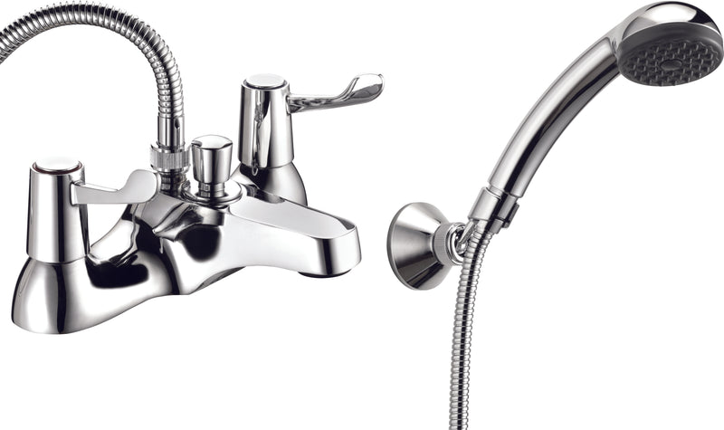 Lever action deck mounted bath shower mixer
